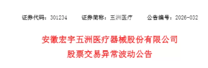 跨界芯片牛股提示异常波动，20天股价涨超170% 8月10日，跨界芯片牛股五洲医疗发布公告称，公司股票连续两个交易日（2026年8月7日、8月10日）收盘价格涨幅偏离值累计达30.22%，超过深圳证券交易所规定的30%阈值，构成股票交易异常波动情形。公告表示，公司经营情况正常，内外部环境未发生重大变化；除2026年7月22日已披露的《发行股份及支付现金购买资产并募集配套资金暨关联交易预案》外，无应披露未披露的重大事项。控股股东及实际控制人在异常波 [date